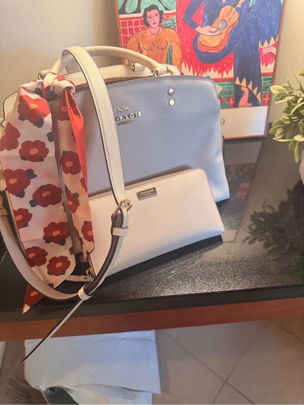 Coach Two-Tone Light Blue and Cream Leather Satchel with Floral Scarf